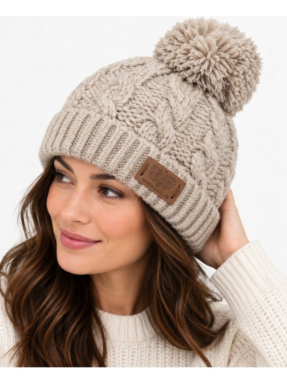 NWT Angela & William Cable Pom Beanie W/Sherpa Lining Khaki Size OS (3 Avail)